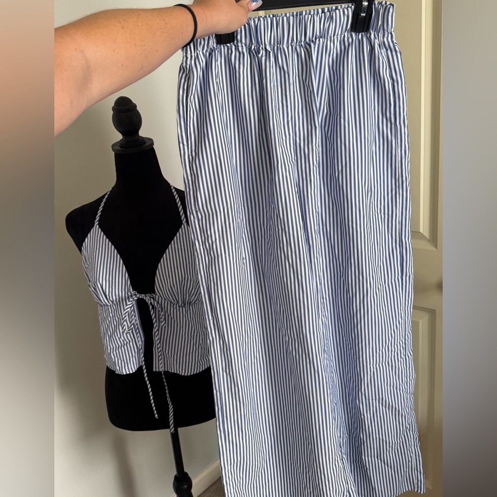 SHEIN Blue and White Striped Halter Top and Skirt Set